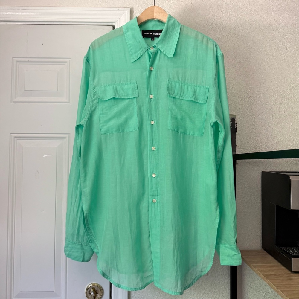 EDWARD CUMING green cotton silk semi sheer‎ lightweight long button up shirt